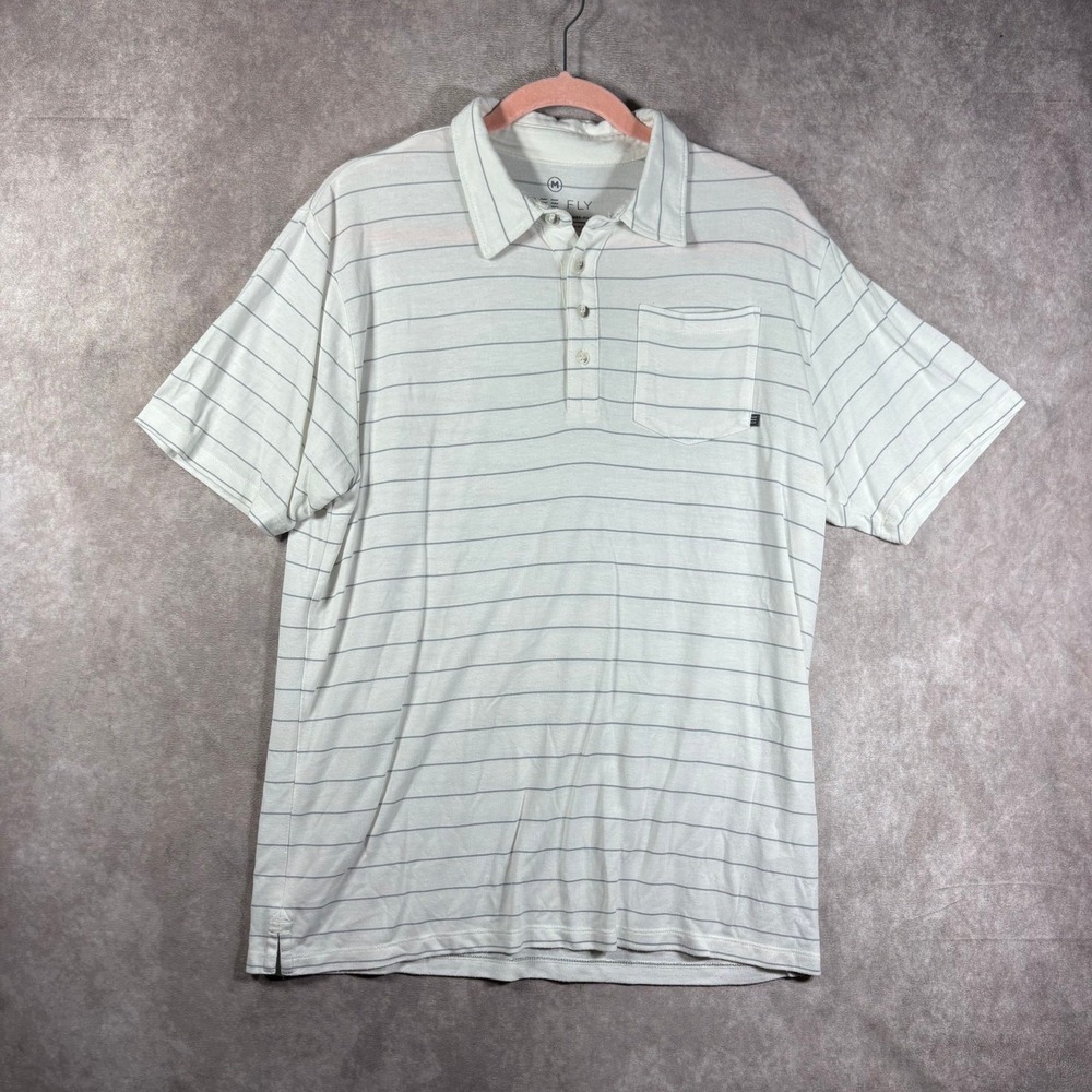 Free Fly Polo Shirt Mens Medium White Black Striped Performance Bamboo Golf